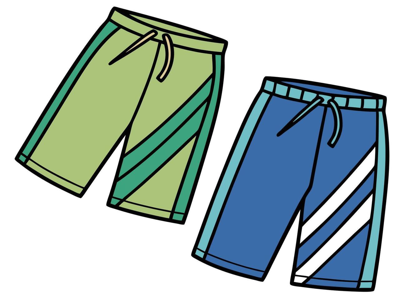 Two colorful drawn athletic shorts illustration perfect for sports summer clothing and fashion design projects vector