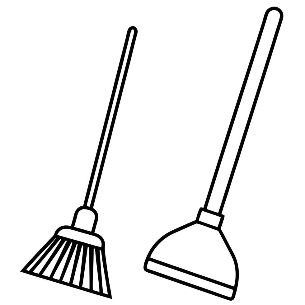 Simple black and white outline illustration of a broom and dustpan cleaning equipment on a white background vector
