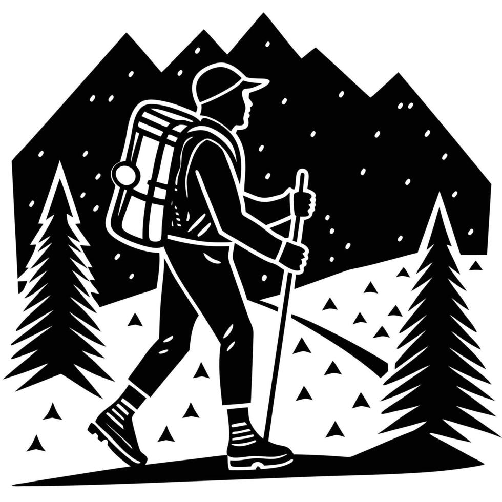 Silhouette of a hiker trekking through mountain landscape with backpack and hiking stick enjoying nature vector