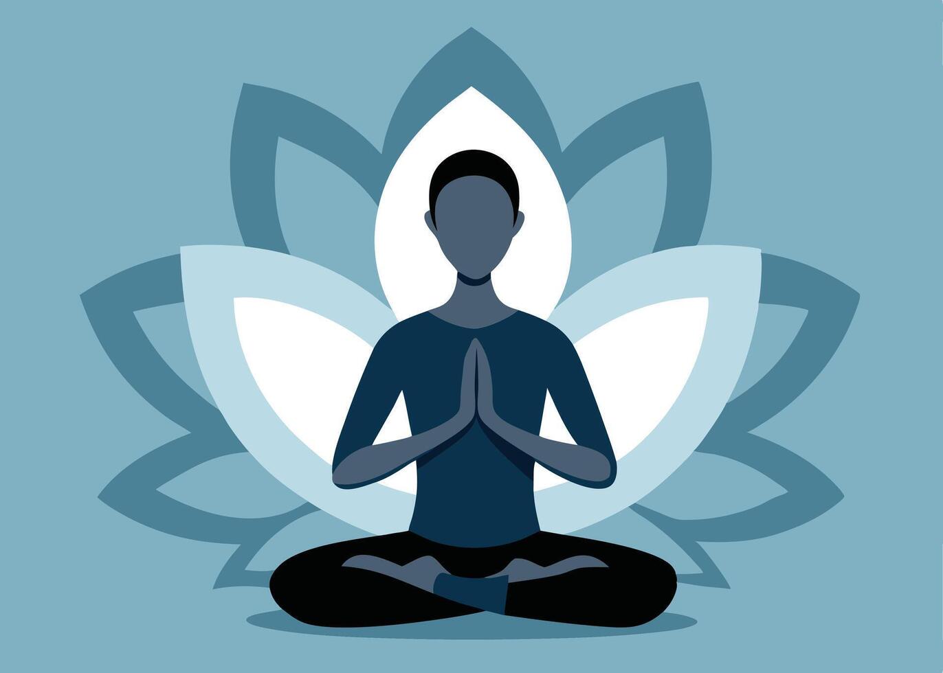 Meditating person in lotus position in front of a lotus flower simple illustration vector