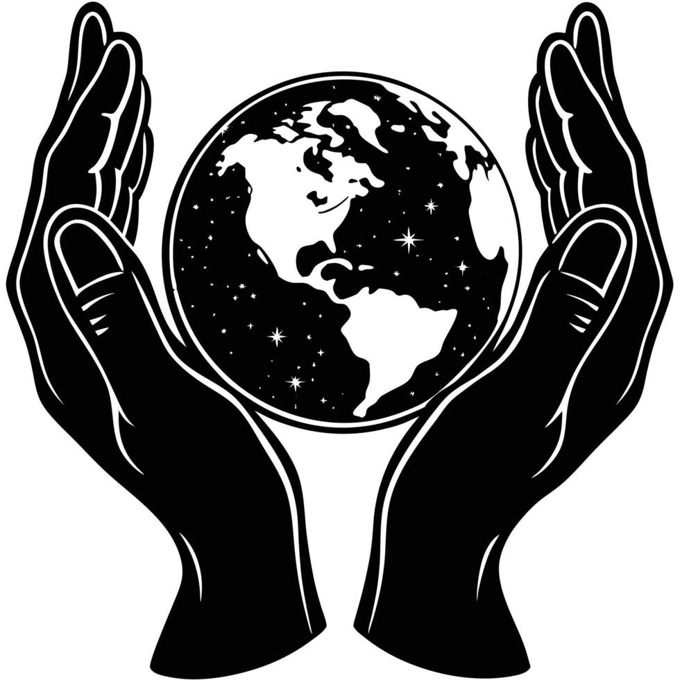Hands cradling planet earth showing continents and the night sky in a striking black and white illustration vector