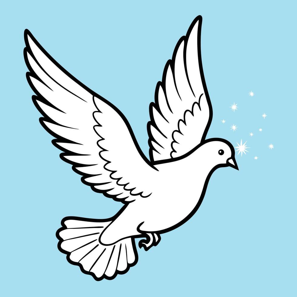 illustration of a white dove with outstretched wings representing peace and freedom on a light blue backdrop. vector