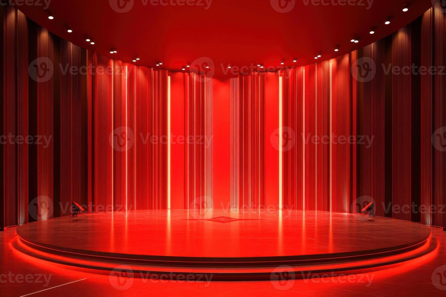 a red stage with a spotlight and red curtains photo