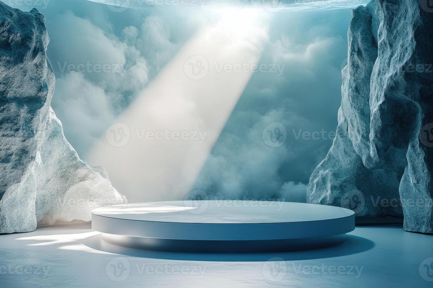 an empty stage with a light shining through the clouds photo