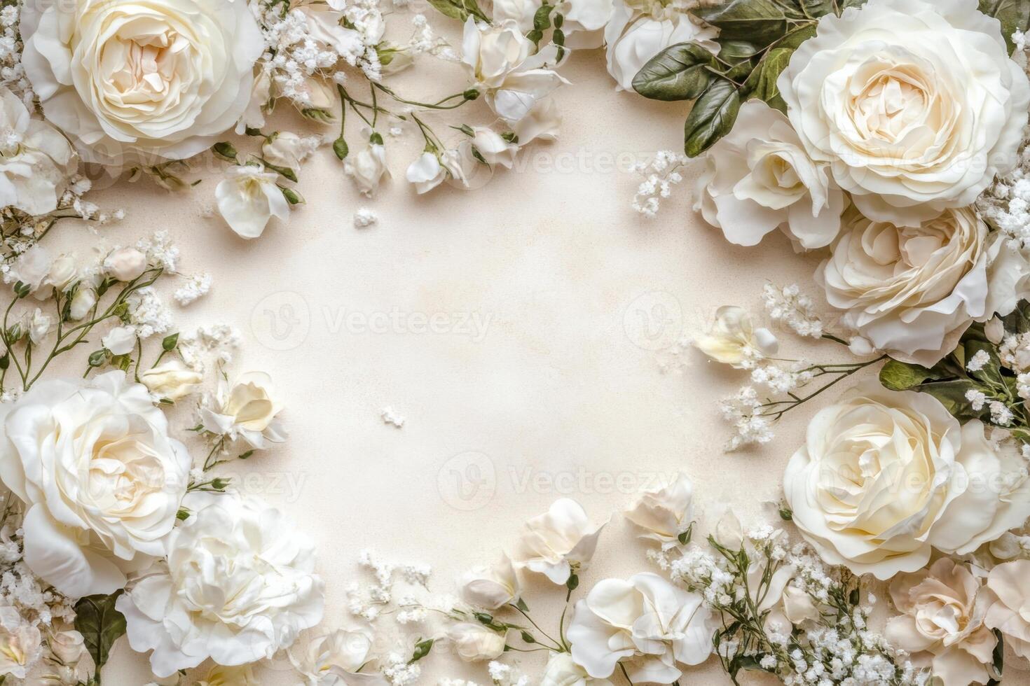 white roses and baby's breath on a beige background photo
