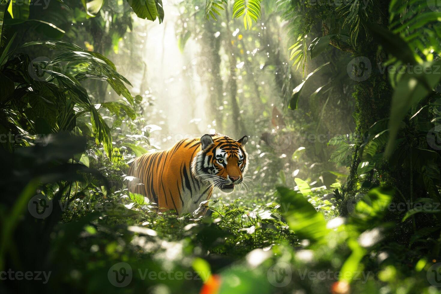 a tiger walking through the jungle photo