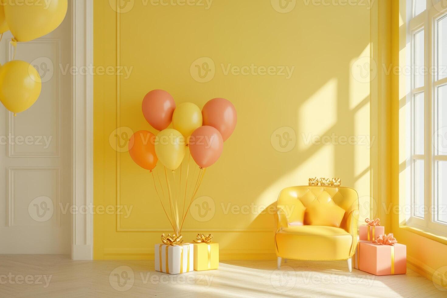 yellow room with balloons and a chair photo