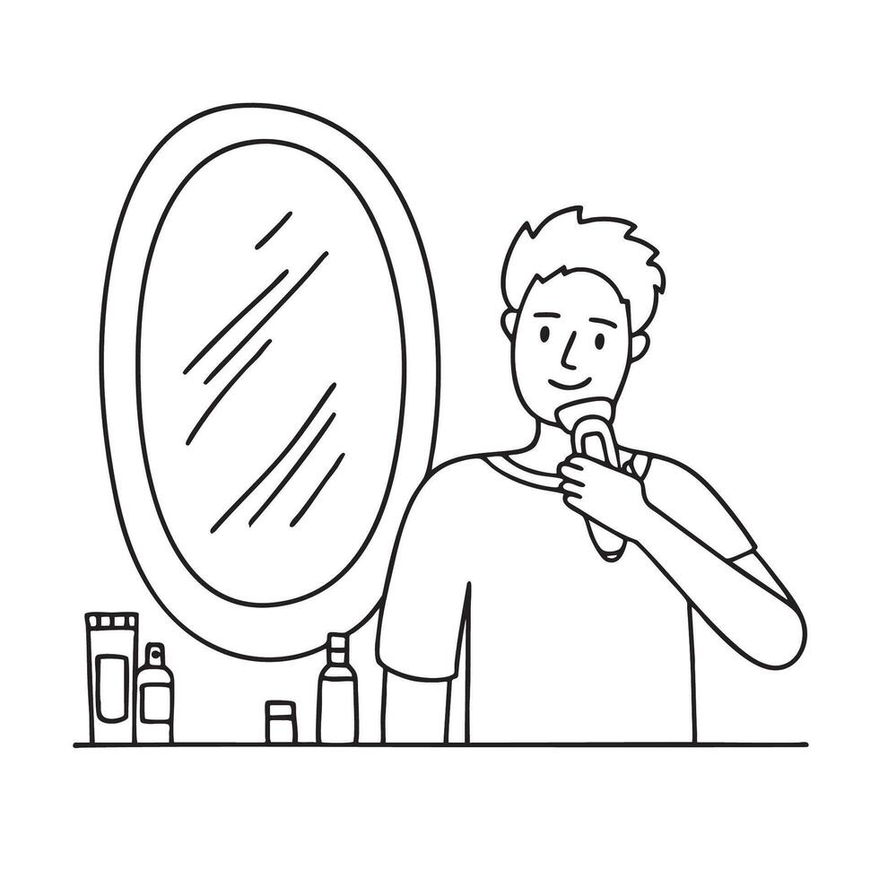 A man using beard trimmer near a bathroom mirror vector