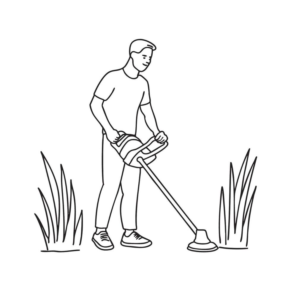 A man with grass trimmer near tall grass vector