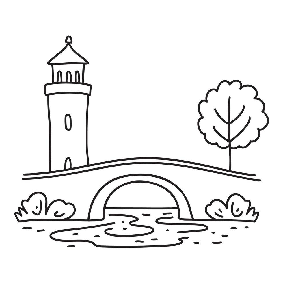 A tower beside a narrow bridge over a stream vector