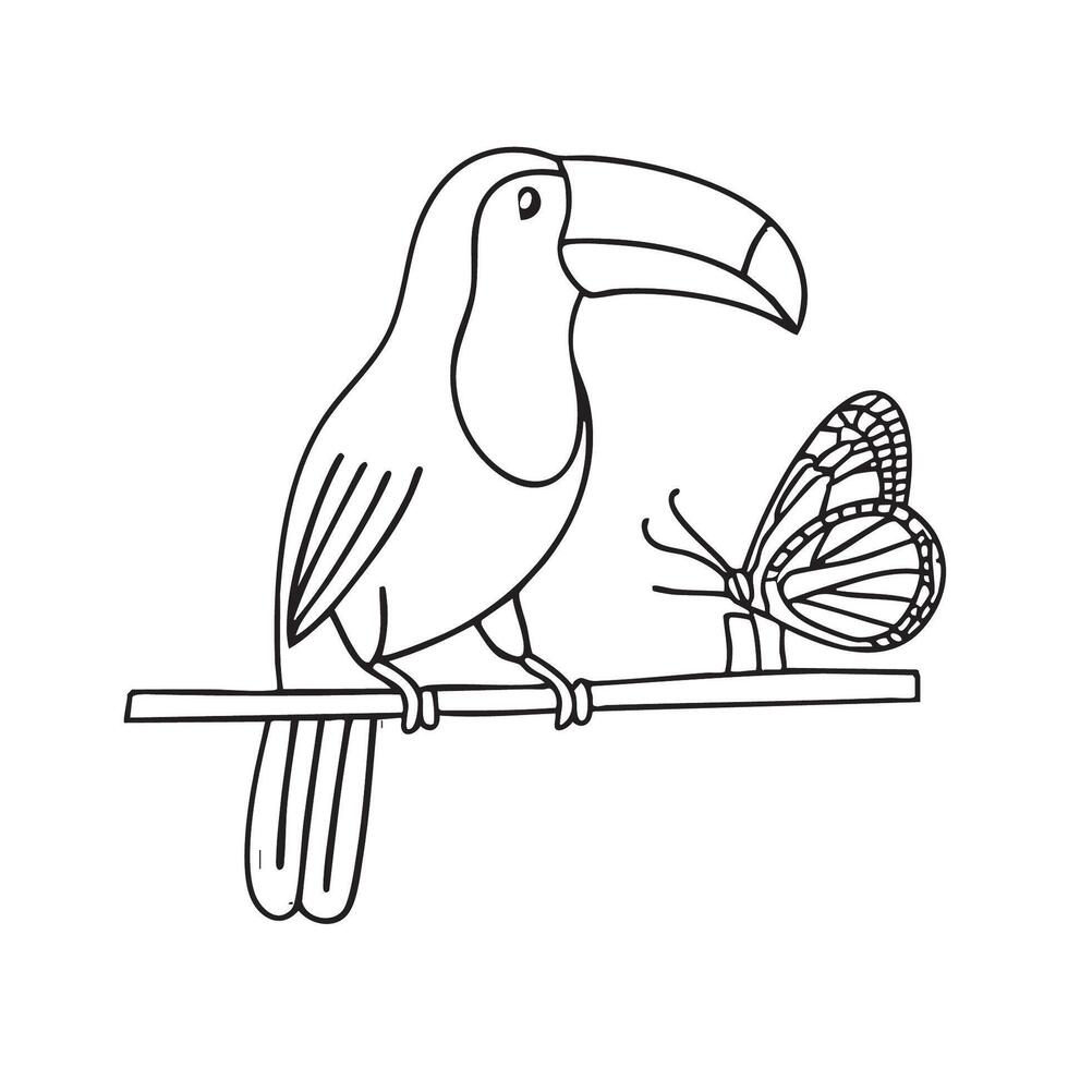 A toucan sitting near a butterfly on a vine vector