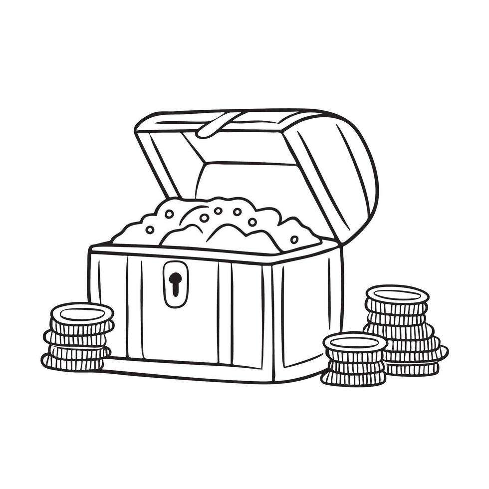 A treasure chest beside scattered coins with the lid open vector