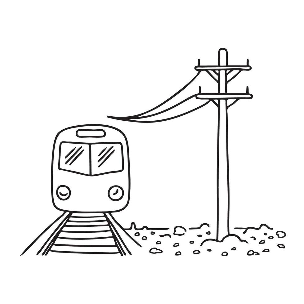 A train running beside a power pole and scattered gravel vector