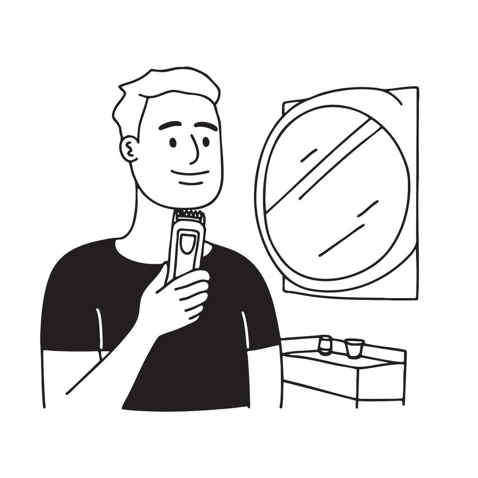 A man trimming his beard in front of a bathroom mirror vector