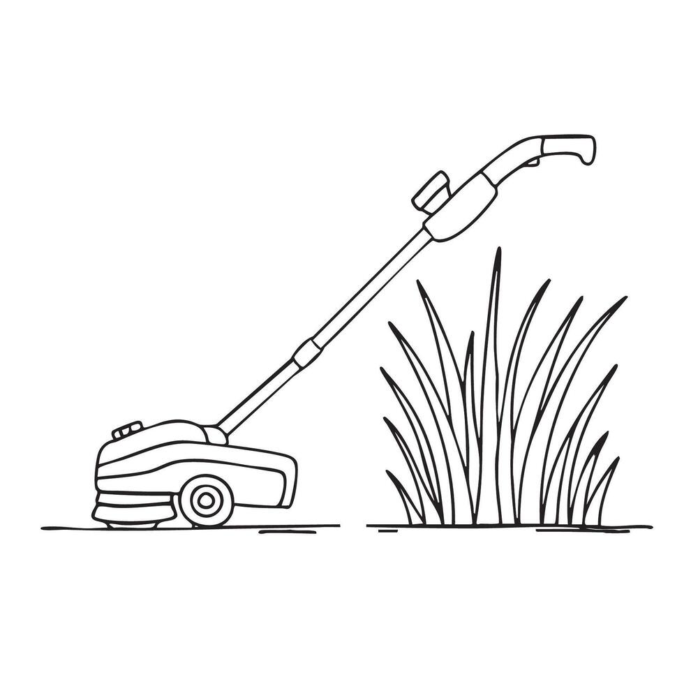 A grass trimmer beside tall grass with blades lying on the ground vector