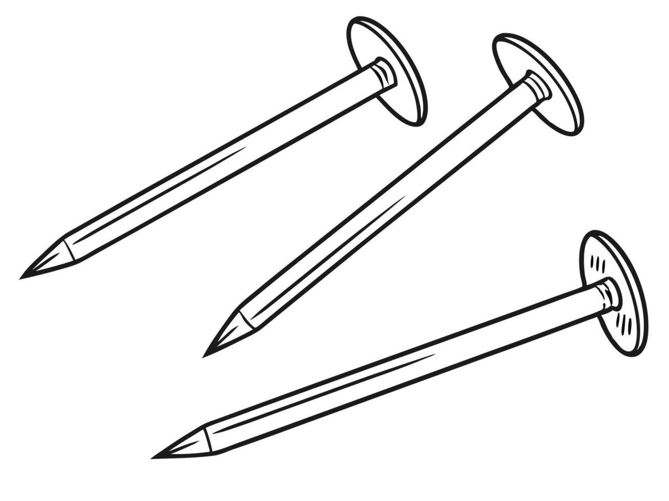 Simple and clean black and white illustration of three individual roof nail images for construction and diy projects. vector