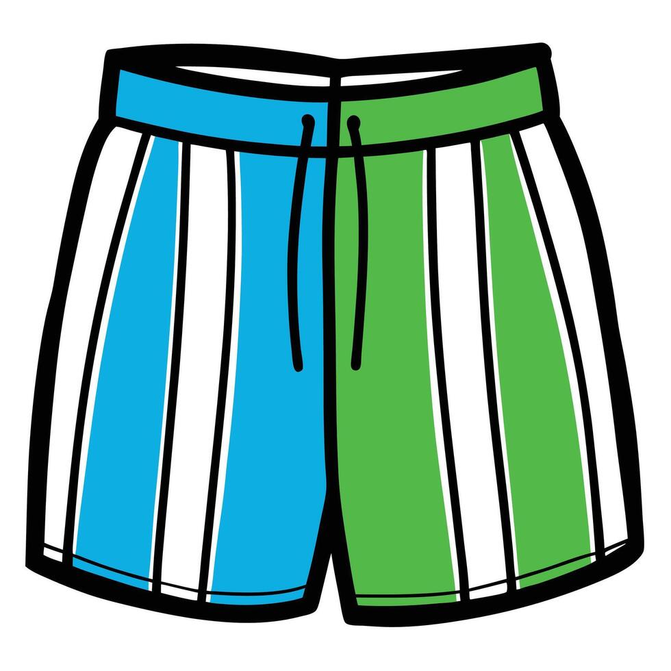 Cartoon illustration of colorful striped swim shorts with blue and green color blocks on white background vector
