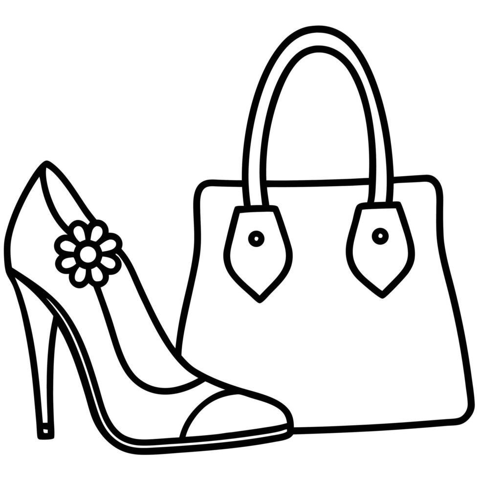 Black and white outline illustration of a handbag and a high heel shoe with floral ornament vector