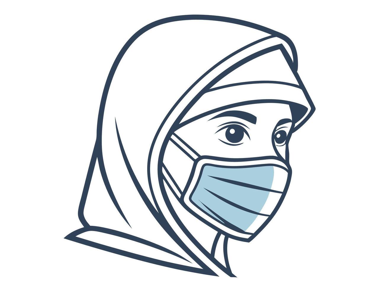 An illustrated line art portrait of a woman wearing a hijab and a surgical face mask protection vector