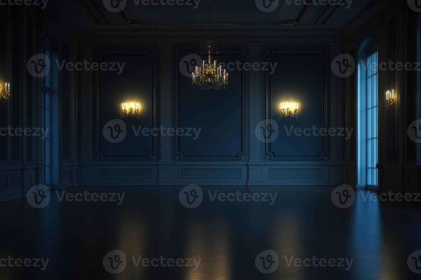 an empty room with chandeliers and a window photo
