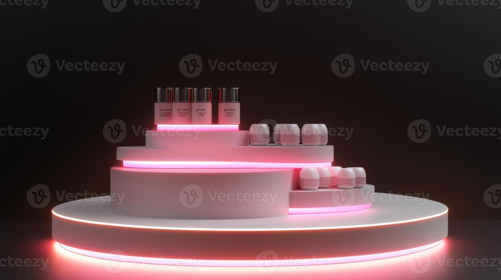 a display case with a pink light on top photo