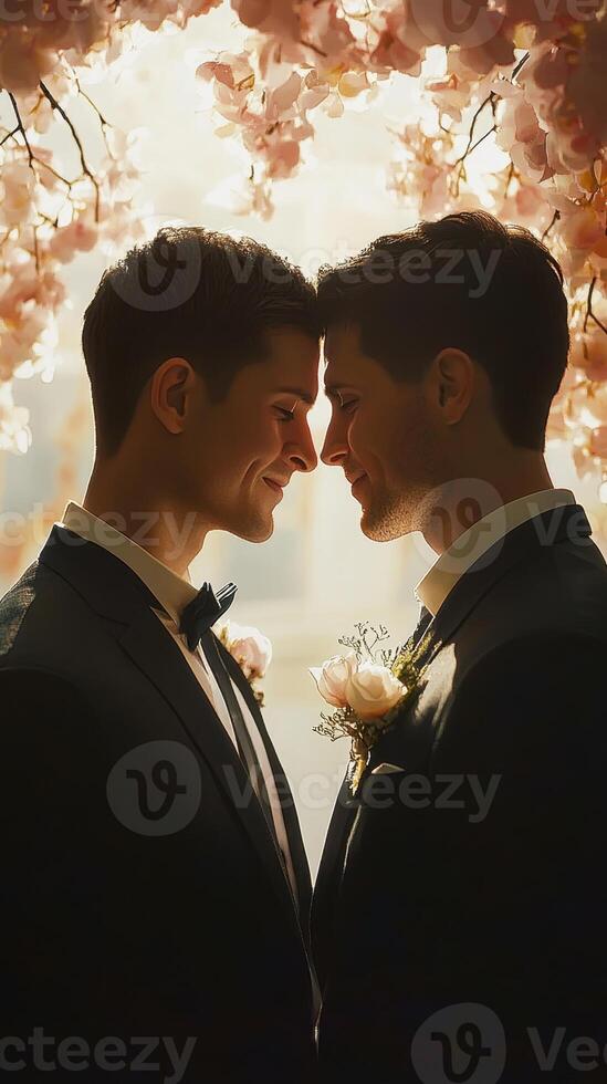 two men in suits are standing under a cherry blossom tree photo