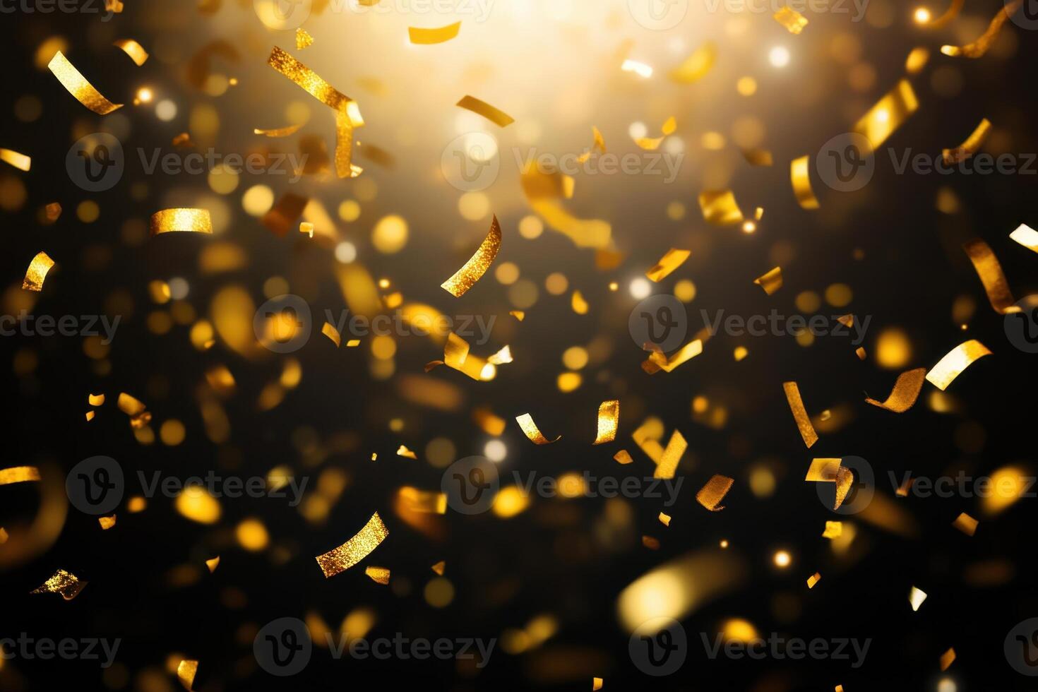 golden confetti falling on a black background photo