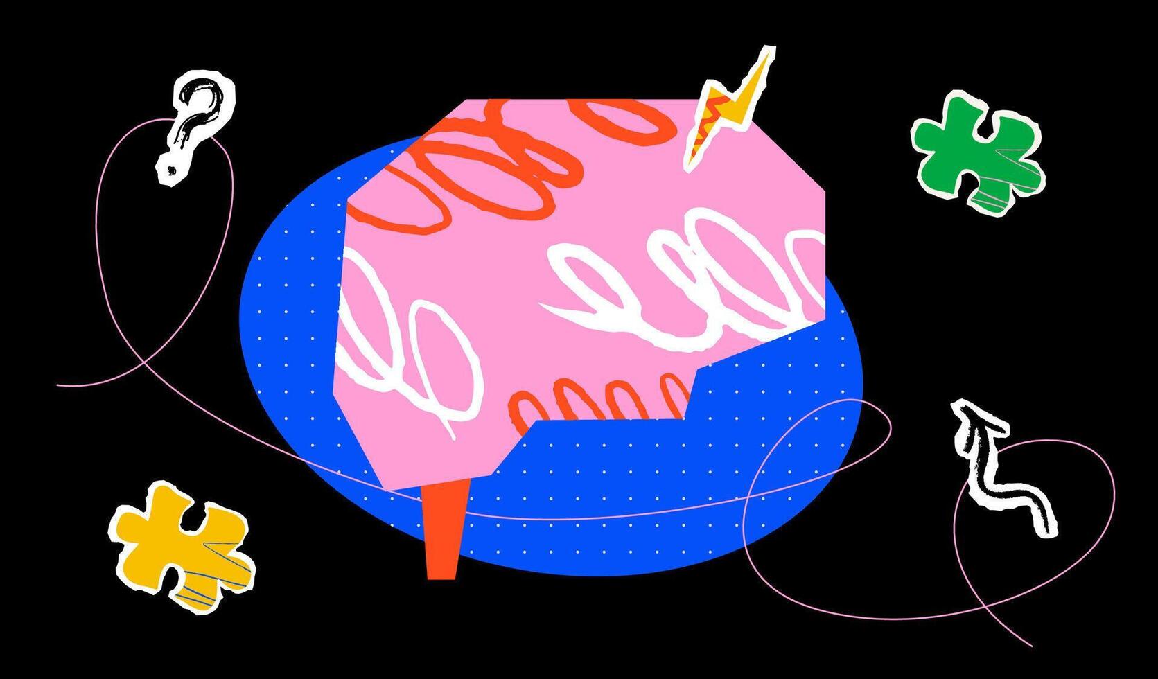A stylized brain on a dark background surrounded by puzzle pieces, an arrow, a lightning bolt and a question mark. The concept of intelligence, creativity and brainstorm. vector