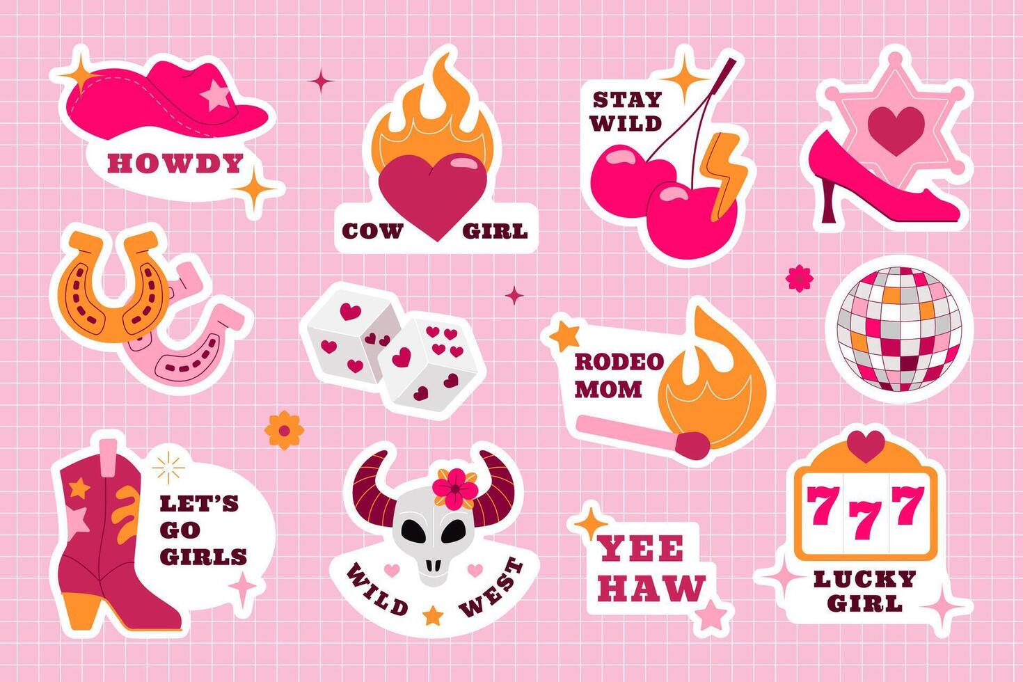 A collection of various stickers in the style of cowgirl. A set of cowboy boots, a hat and a disco ball, a skull, a horseshoe. Wild West style design elements. vector