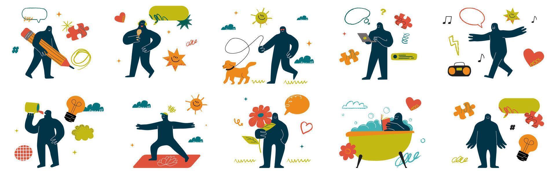 A collection of illustrations with a cute rounded monster doing various activities and engaging in hobbies. Hand-drawn characters interact with diverse objects. vector