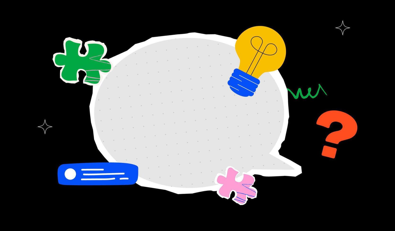 A vibrant cut out collage of a huge textured speech bubble, puzzle pieces, a light bulb, doodles and a question mark. A stylized notification or memo design template. vector