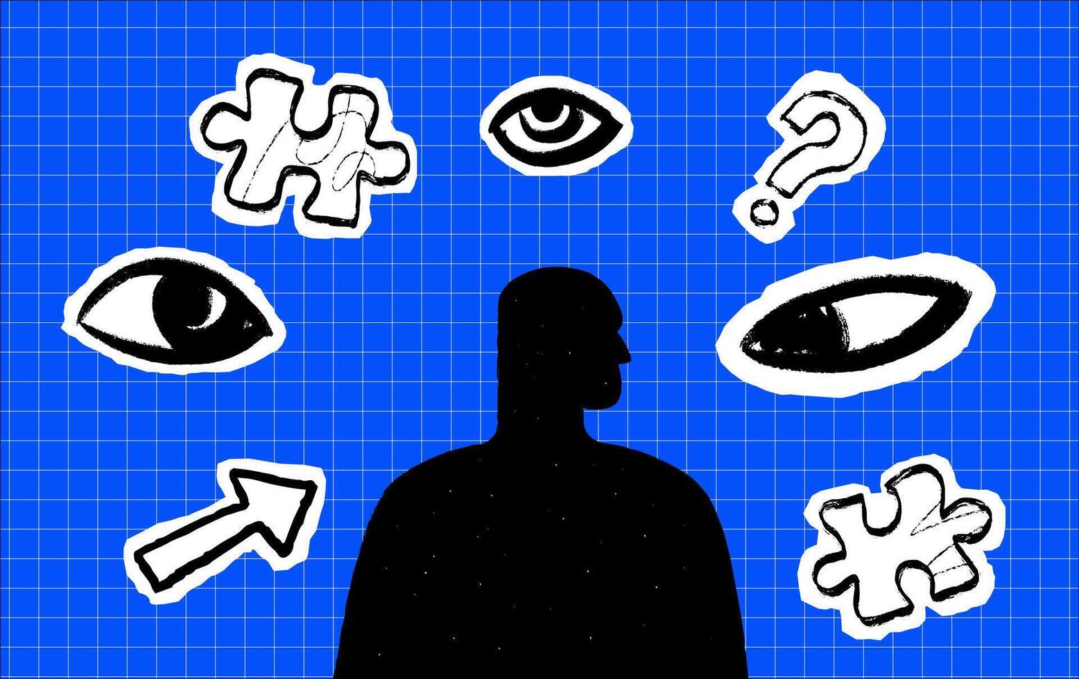 Collage illustration with a human profile surrounded by cutout eyes, puzzles, question marks and exclamation marks. It is a symbol of social anxiety, stress, problems and loneliness in society. vector
