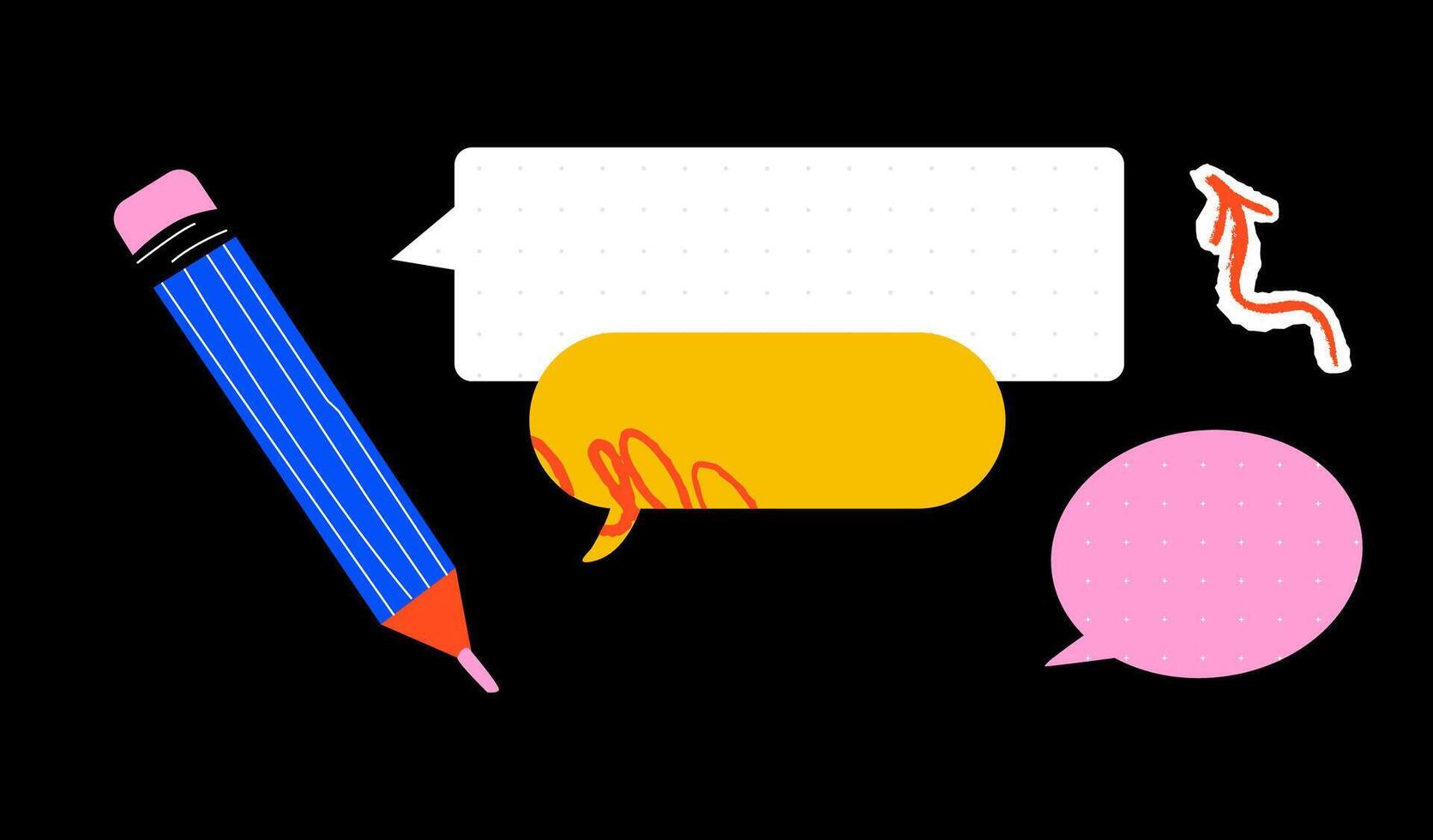 Bright collage of speech bubbles, pencil and doodles. A stylized design template for a dialog, notification, or memo. vector