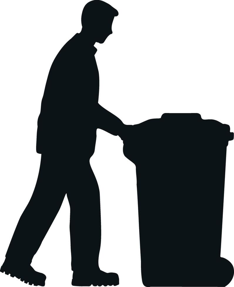 Silhouette of Sanitation Worker Pushing Trash Bin vector