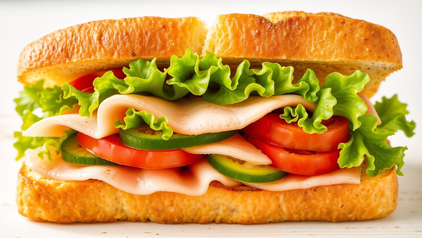 A delicious and fresh sandwich filled with slices of juicy ham, crisp green lettuce, and a variety of vibrant vegetables like tomatoes, cucumbers, and bell peppers. photo