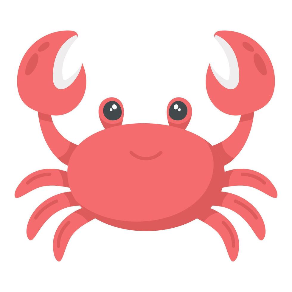Flat cartoon red crab isolated on white background. Cute marine animal character for kids design, educational materials, summer decoration vector