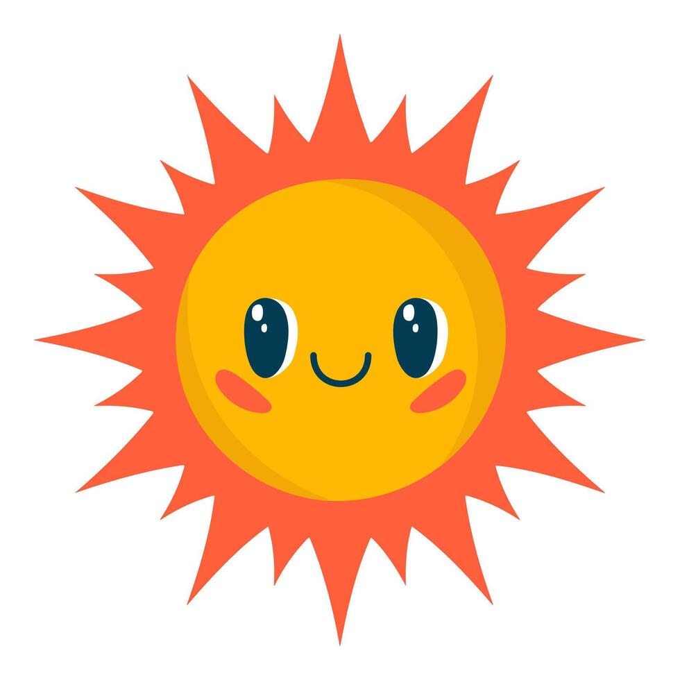 Sun with smiling face isolated on white background. Cheerful cartoon weather icon, hand drawn vector