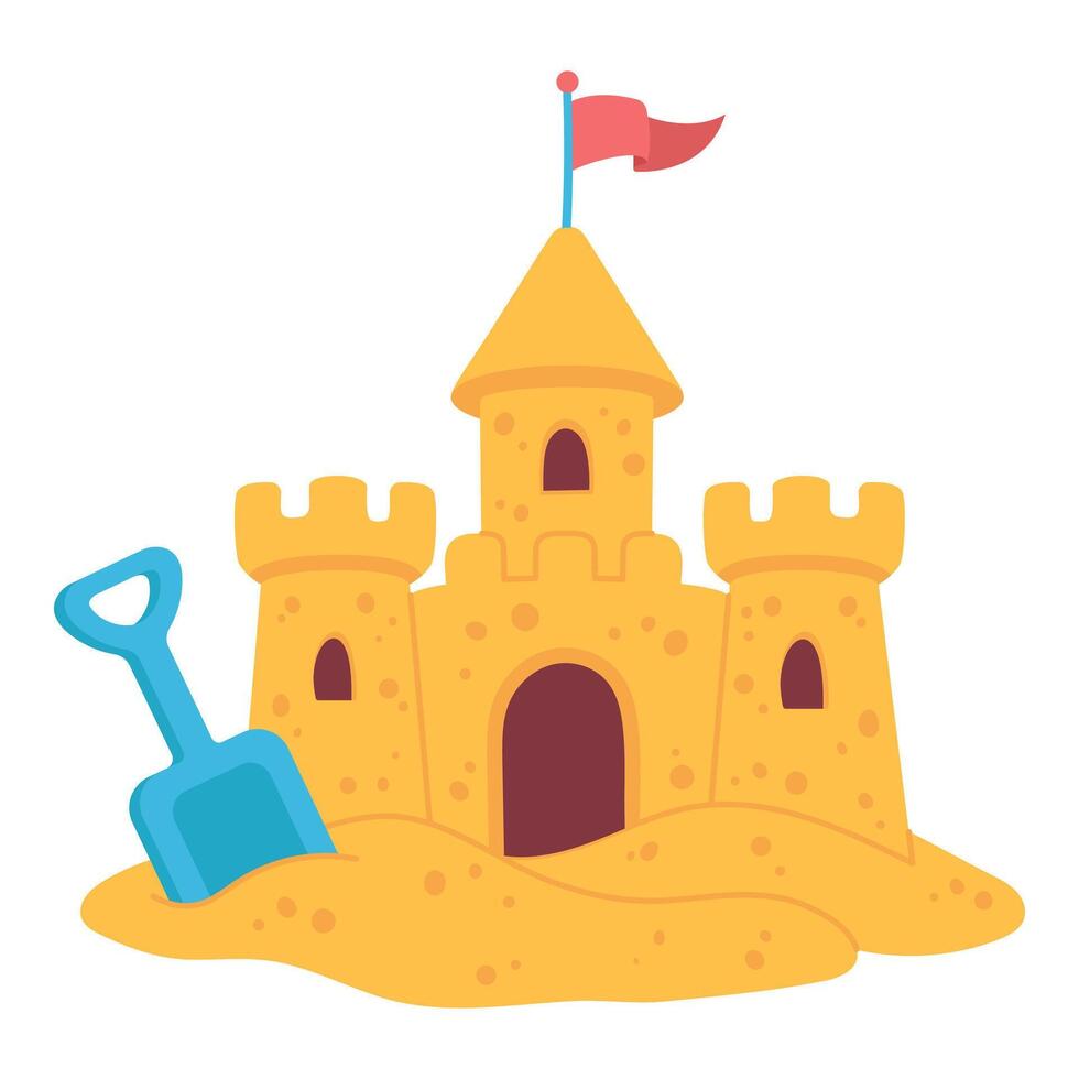 Sand castle with shovel on white background, playful summer beach illustration vector