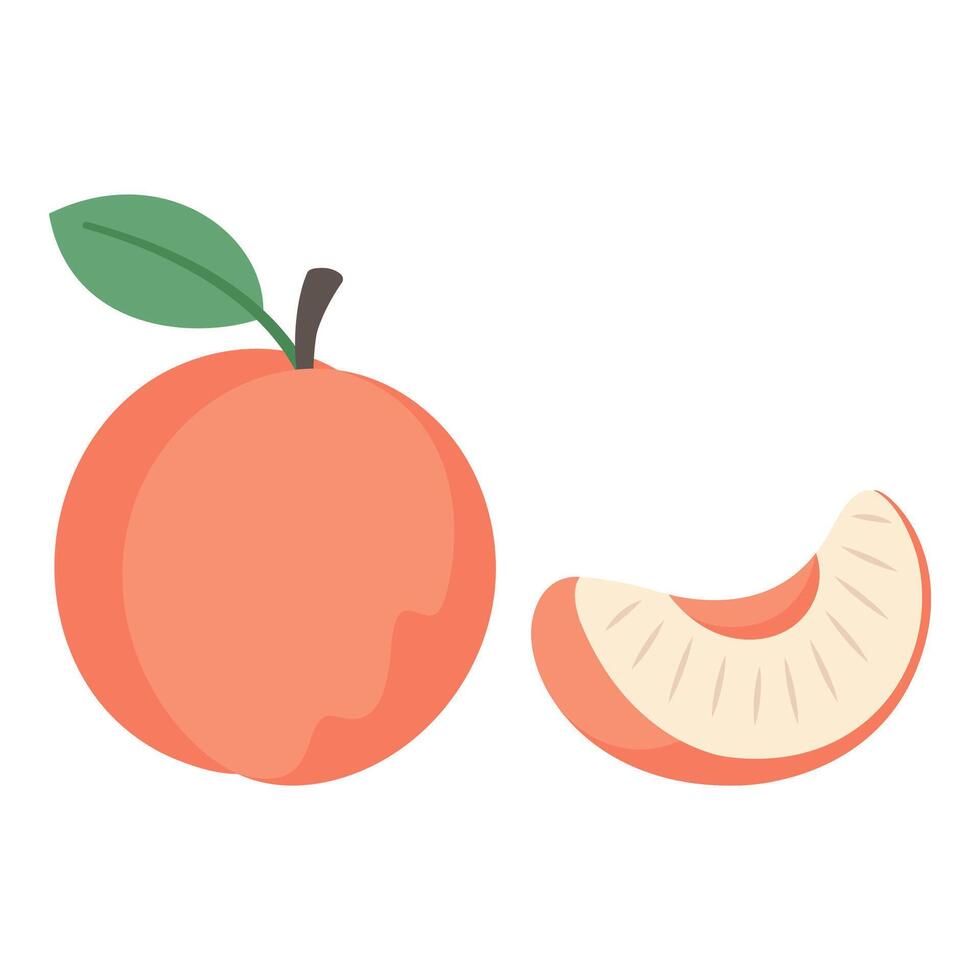 Flat illustration of peach with slice. In cute and minimalistic style for children's content, visual recipes and fruit themed graphics vector