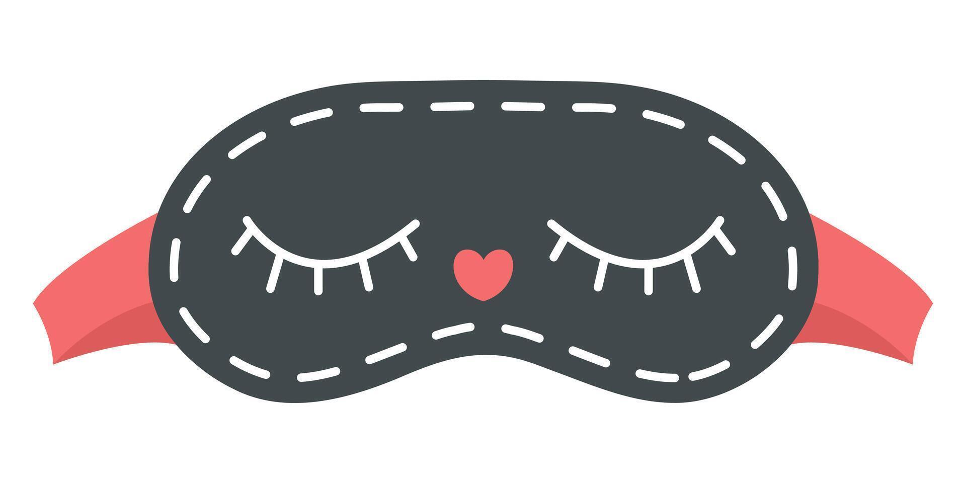 Flat illustration of cute black sleeping mask with closed eyes and heart. Sleeping accessory isolated on white for sleep and relaxation themes vector