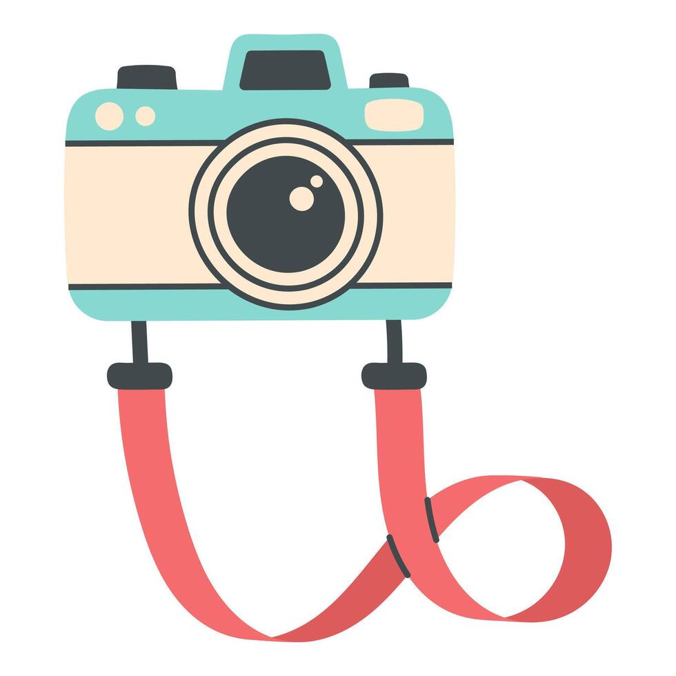 Cute flat camera with red strap isolated on white background. Retro photography design element for travel blogs, posters, kids' materials, and creative projects vector