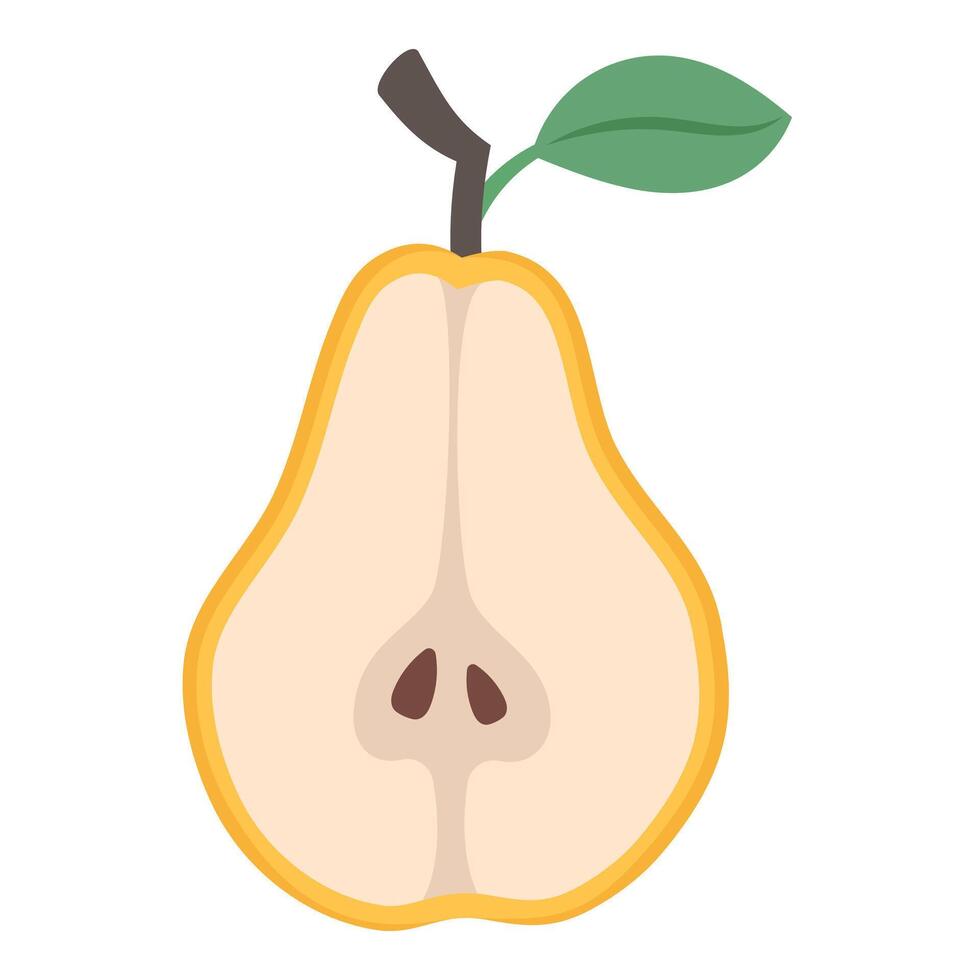 Half of a yellow pear with seeds and green leaf in flat style. Minimalistic fruit illustration for interior, poster, banner, sticker, or packaging vector