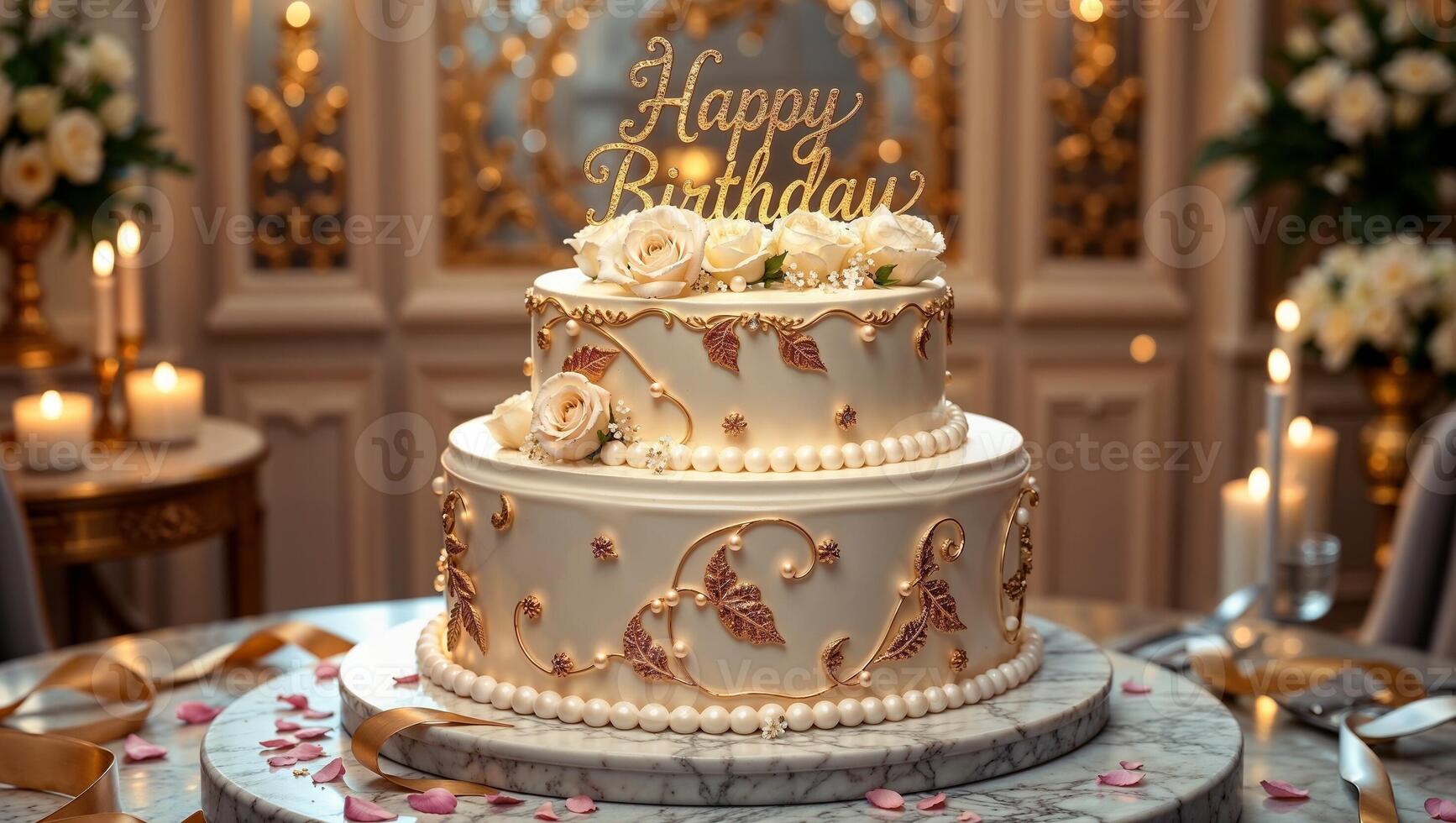 An exquisite, multi-tiered birthday cake with flawless smooth fondant in elegant ivory and gold accents. photo