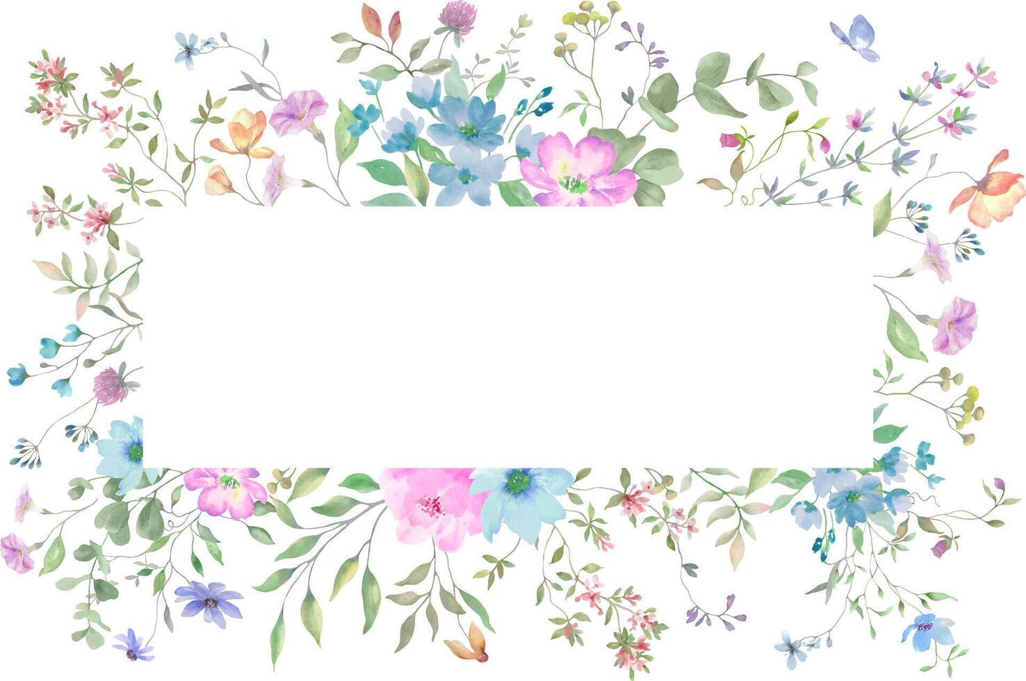 Watercolor floral frame with cute wildflowers, clover, herbs, butterfly.. Hand-drawn floral illustration. vector