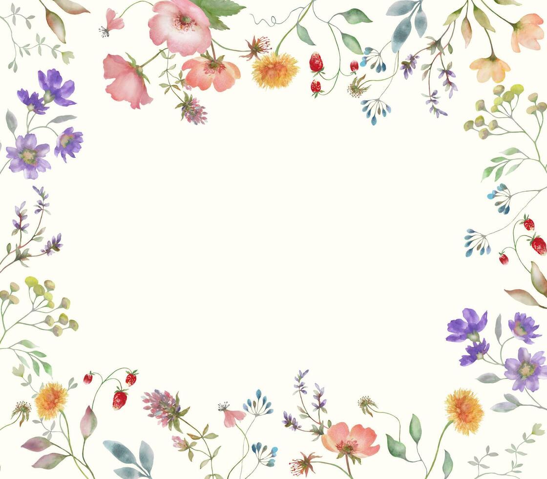Watercolor floral frame with cute wildflowers, rose hip, berries. Hand-drawn floral illustration isolated on pastel background. vector