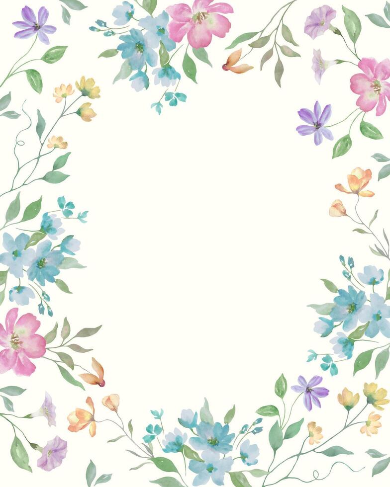 Watercolor floral frame with colorful flowers. Hand drawn illustration. vector