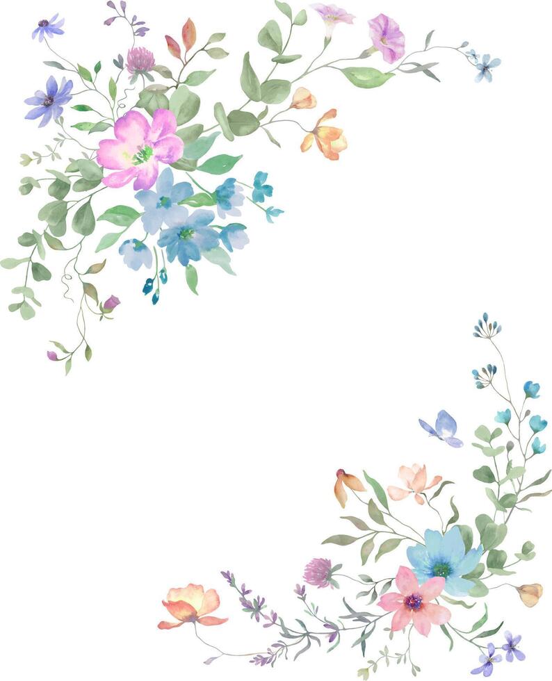 Watercolor floral frame with cute wildflowers. Hand-drawn floral illustration. For invitations, greeting cards. vector