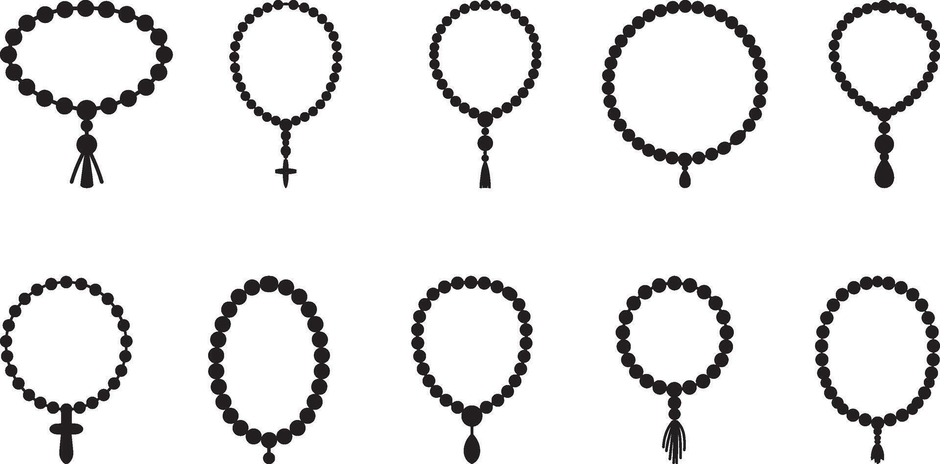 Illustration featuring a collection of rosary, puja mala designs displayed as black silhouettes on a white background, emphasizing their distinct styles of crosses, beads, and sacred motifs. vector