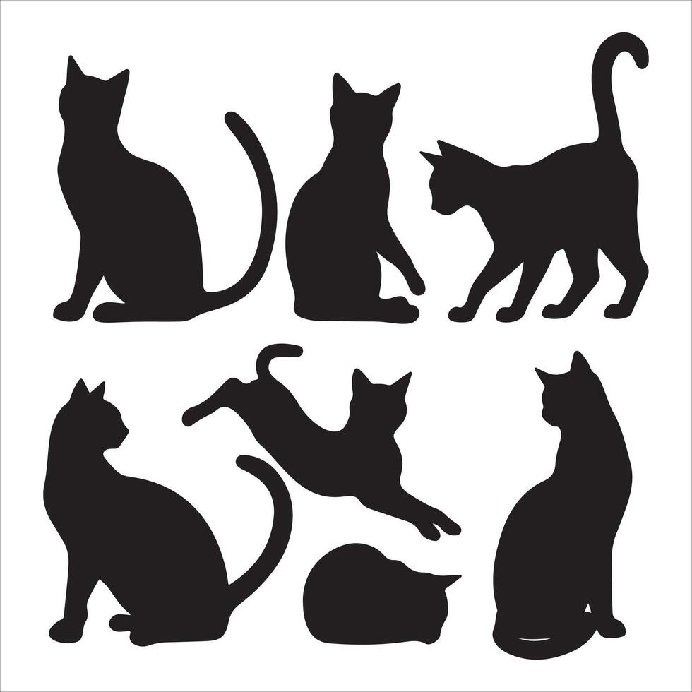 Minimalist Black Cat Silhouettes - Set of 6 Clean Poses vector