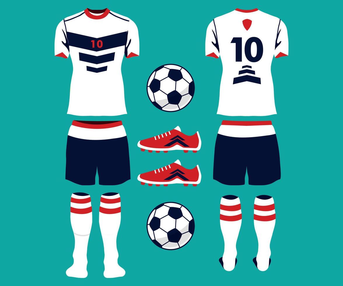 Complete soccer uniform displayed with jersey shorts shoes ball and soccer socks on teal background vector